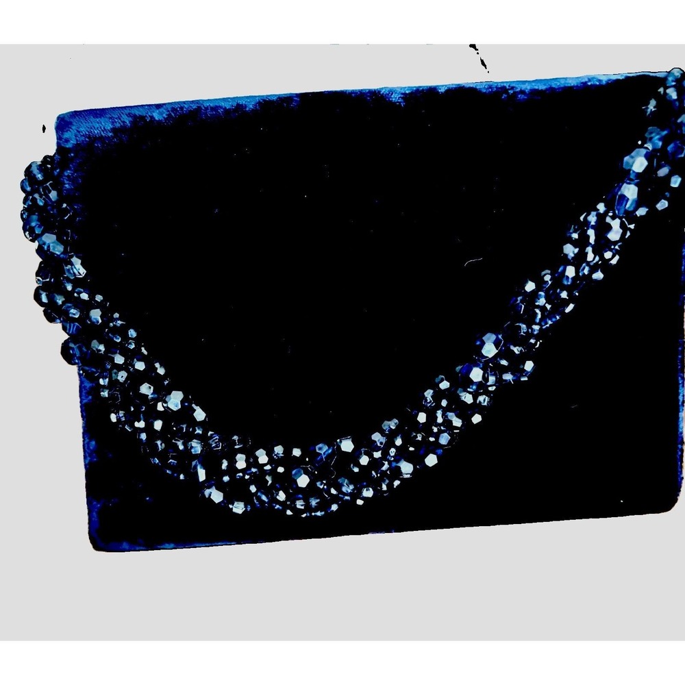 Vtg Midnight Blue Velvet Handbag Chunky Beaded Strap Vanessa Cocktail Purse Y2K